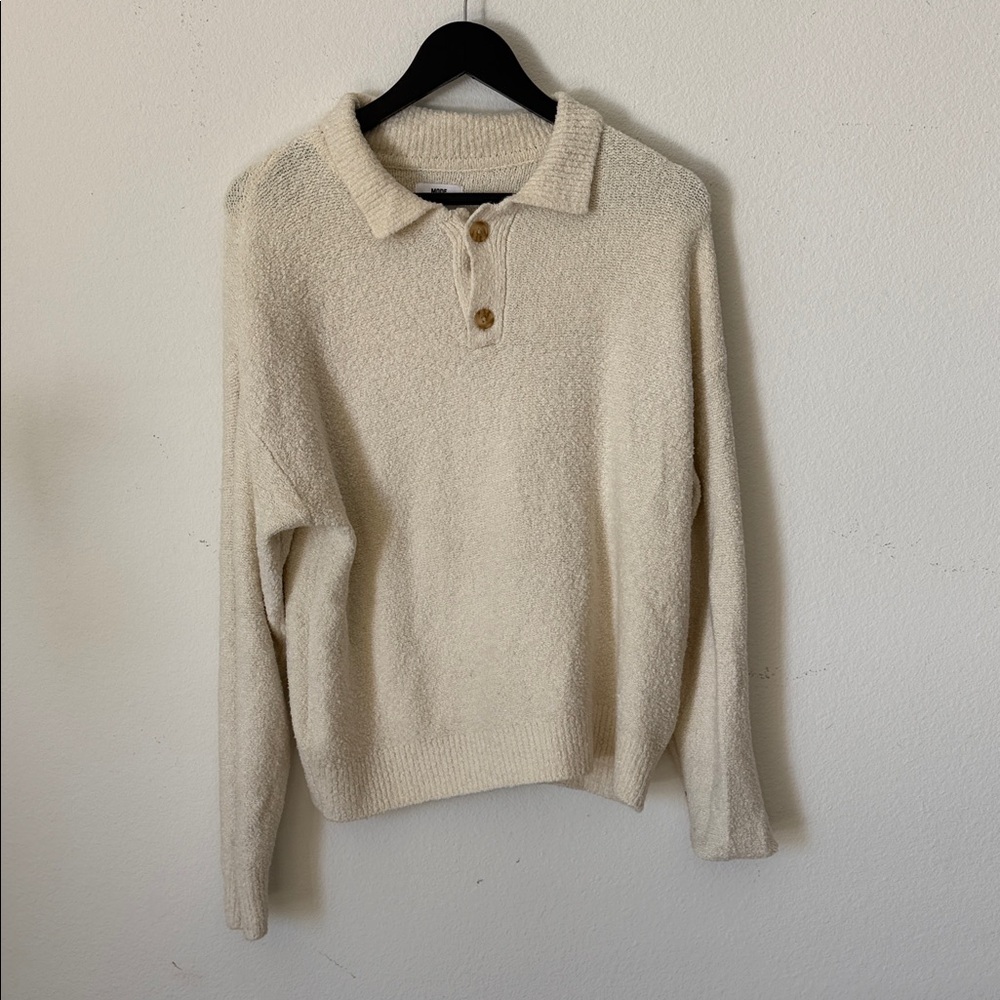 Men's Off-White Knit Polo Sweater with Button Placket